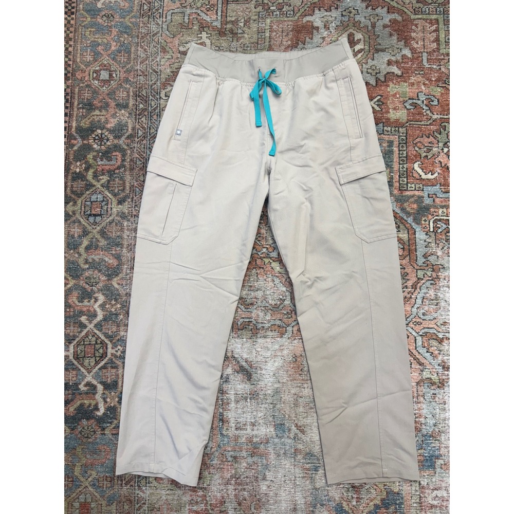 Figs Women L/P Tan Cargo Scrub Pants Teal Drawstring Technical